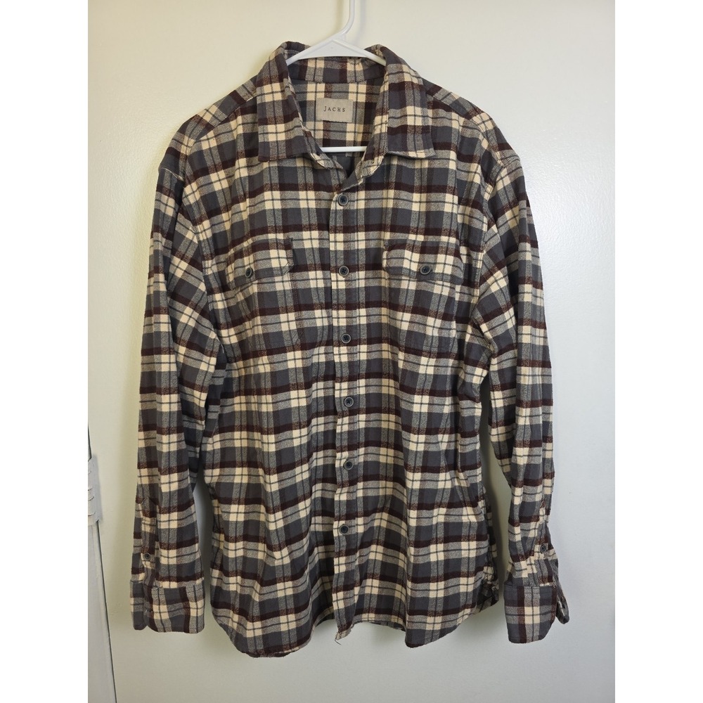 JACHS Shirt Mens XL Gray Brown Cream Plaid Flannel Long Sleeve Button Up Pockets